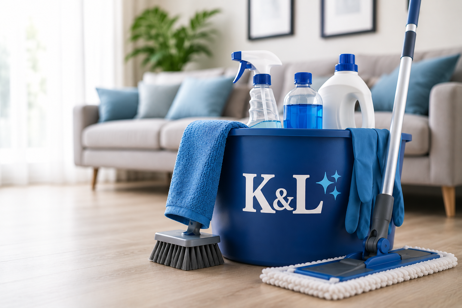 K&L Cleaning Solutions branded bucket with cleaning supplies in a bright living room